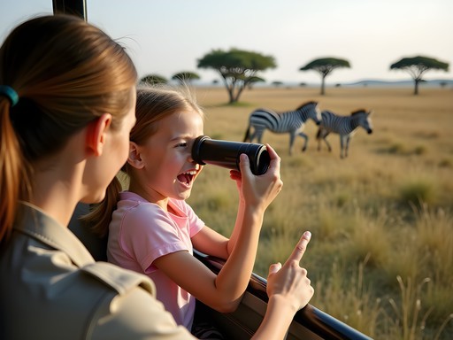 Young girl learning wildlife identification with guide in safari vehicle