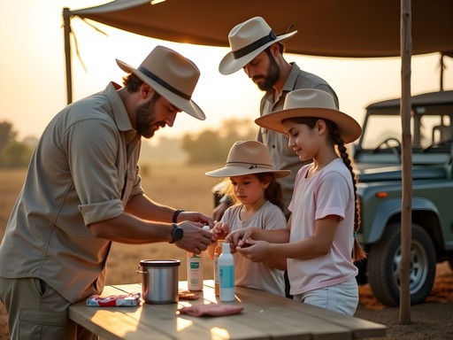 Family preparing health and safety measures for safari day
