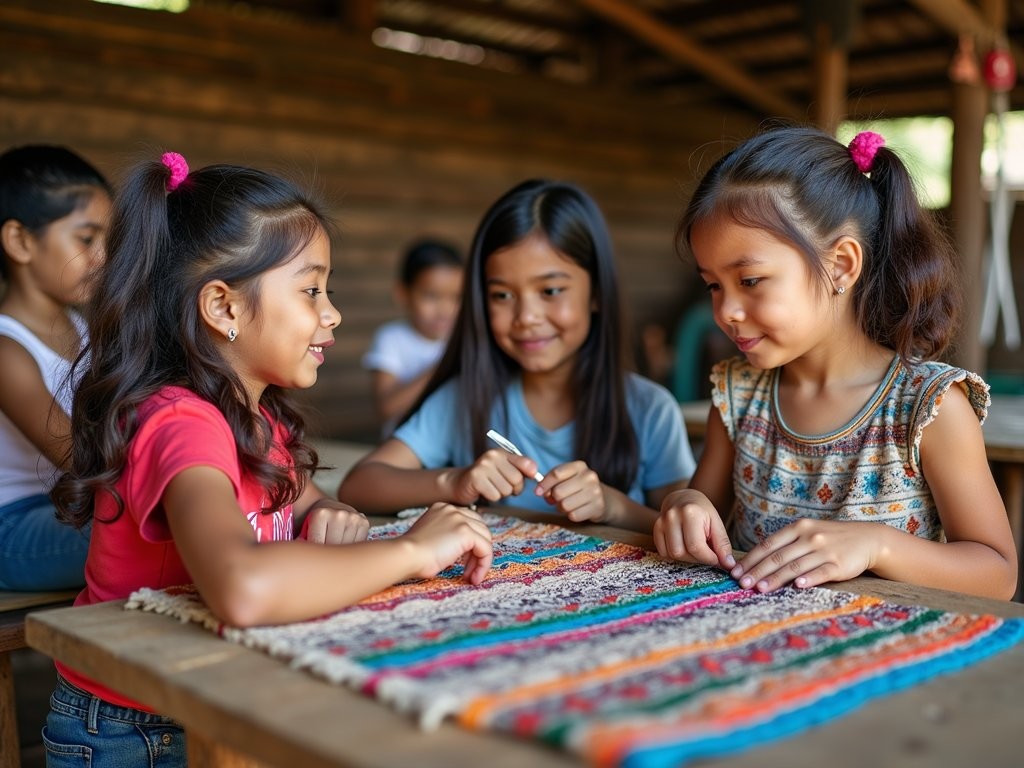 Children participating in traditional Guaraní craft workshop in Paraguay