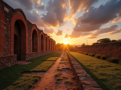 Sunset over Trinidad Jesuit Mission ruins in Paraguay with family silhouettes