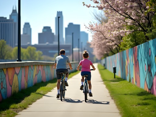Family biking along the Atlanta BeltLine with city views