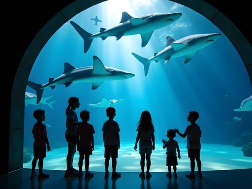 Children watching whale sharks swim overhead in Georgia Aquarium's Ocean Voyager tunnel