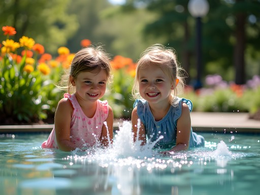 Children exploring the interactive fountains in Atlanta Botanical Garden's Children's Garden on a sunny spring day