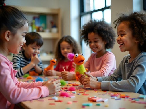 Children and adults creating colorful puppets at a workshop in Atlanta's Center for Puppetry Arts