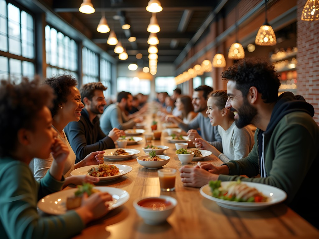 Family enjoying diverse food options at communal tables in Atlanta's vibrant Ponce City Market food hall