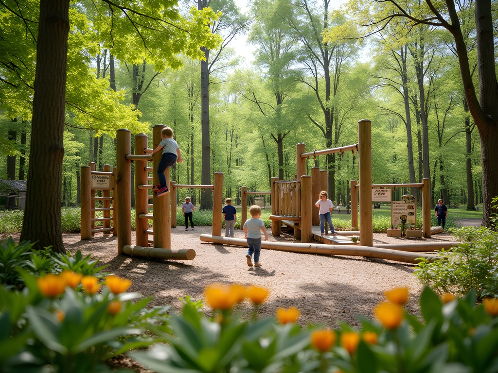 Children playing in the natural playground at Kreher Preserve in Auburn