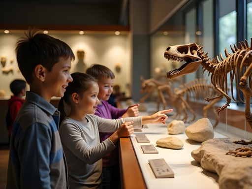 Children examining dinosaur fossils at Auburn University Museum of Natural History