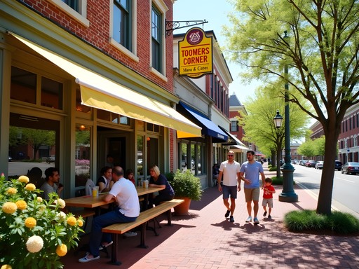 Family enjoying famous Toomer's Corner lemonade in downtown Auburn