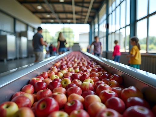 Children watching automated apple sorting system at Wallingford's Fruit House near Auburn