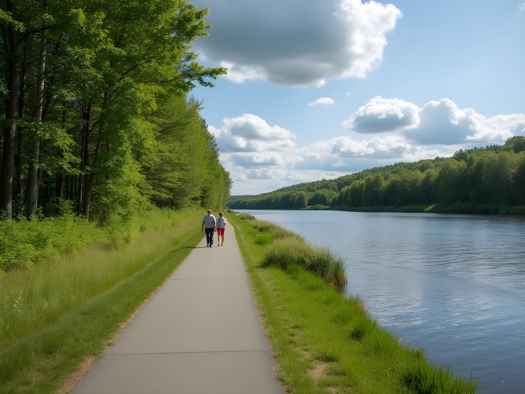 Family walking paved Kennebec River Trail in Augusta Maine summer