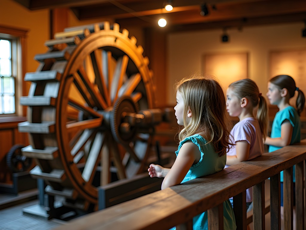 Children watching working water wheel exhibit at Maine State Museum Augusta