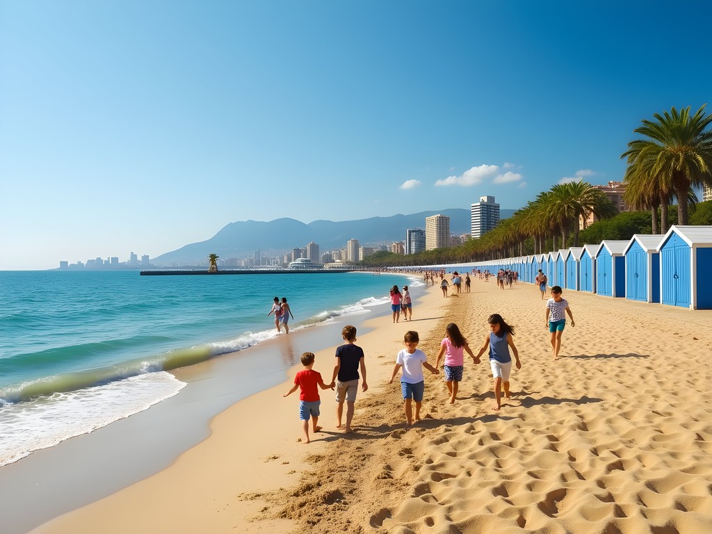 Families enjoying Barceloneta Beach with Barcelona cityscape in background