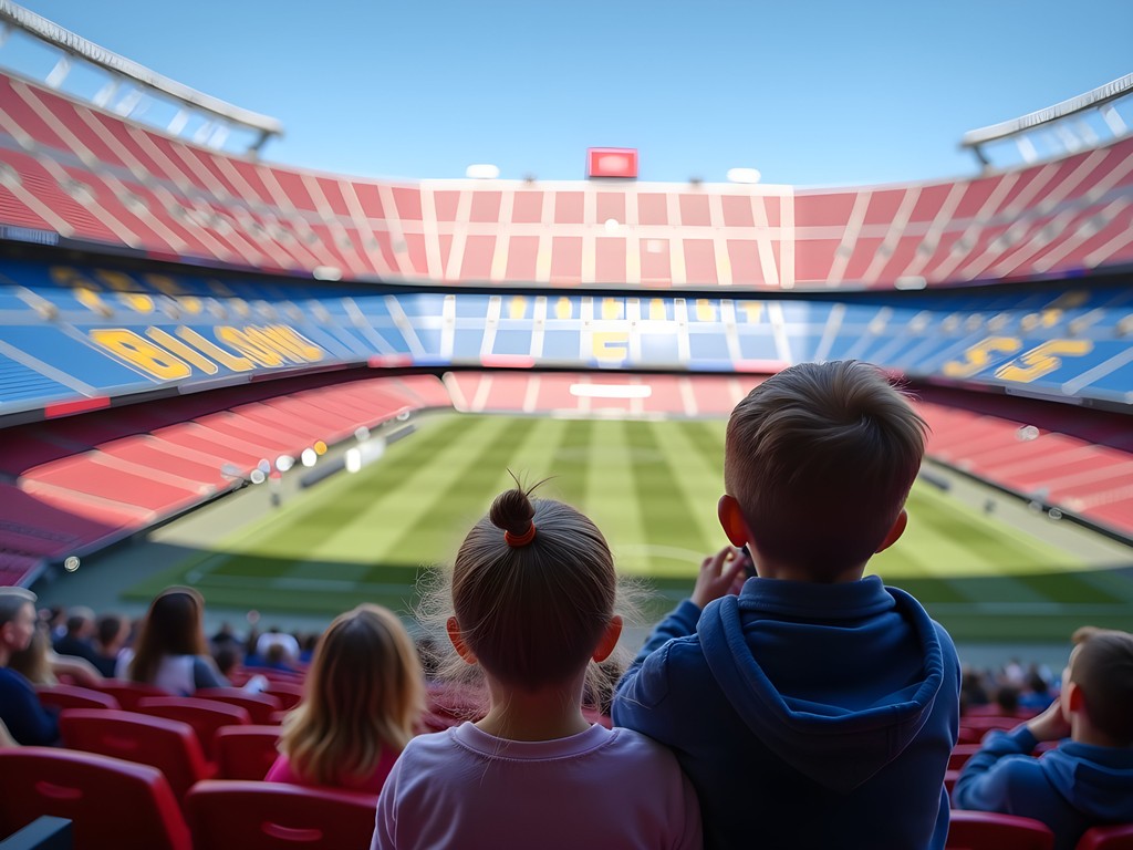 Family experiencing the Camp Nou Stadium Tour with view of FC Barcelona pitch