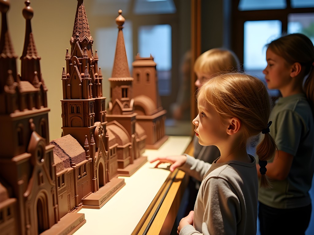 Elaborate chocolate sculptures of Barcelona landmarks at the Chocolate Museum