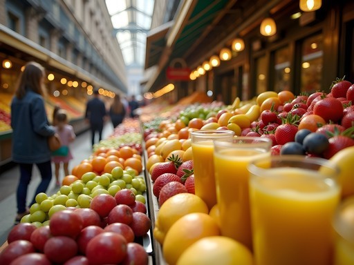 Colorful fruit displays at La Boqueria Market in Barcelona with families shopping