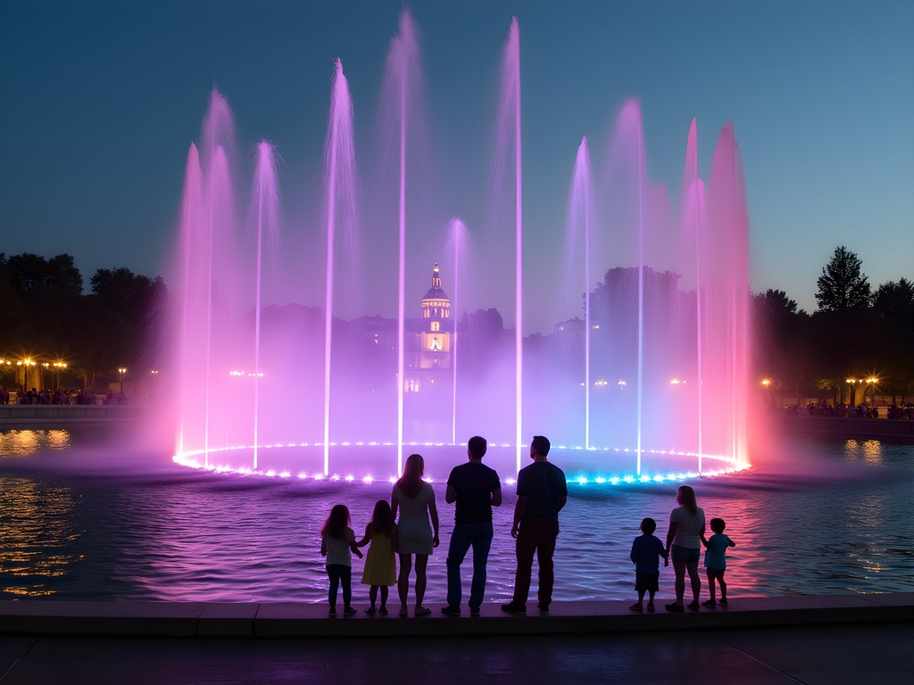 Colorful nighttime display at the Magic Fountain of Montjuïc with families watching