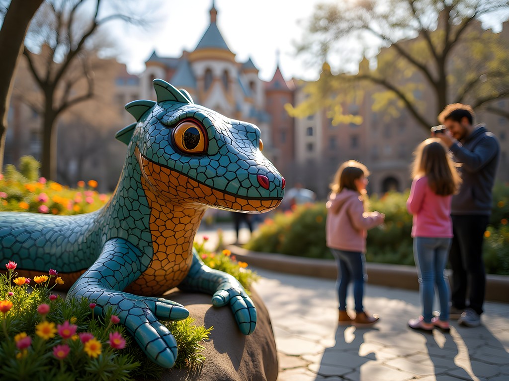 Family posing with the colorful mosaic salamander at Park Güell entrance in Barcelona