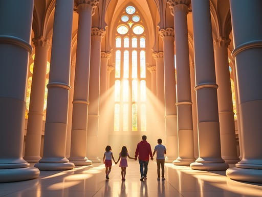 Colorful light streaming through stained glass windows inside La Sagrada Familia