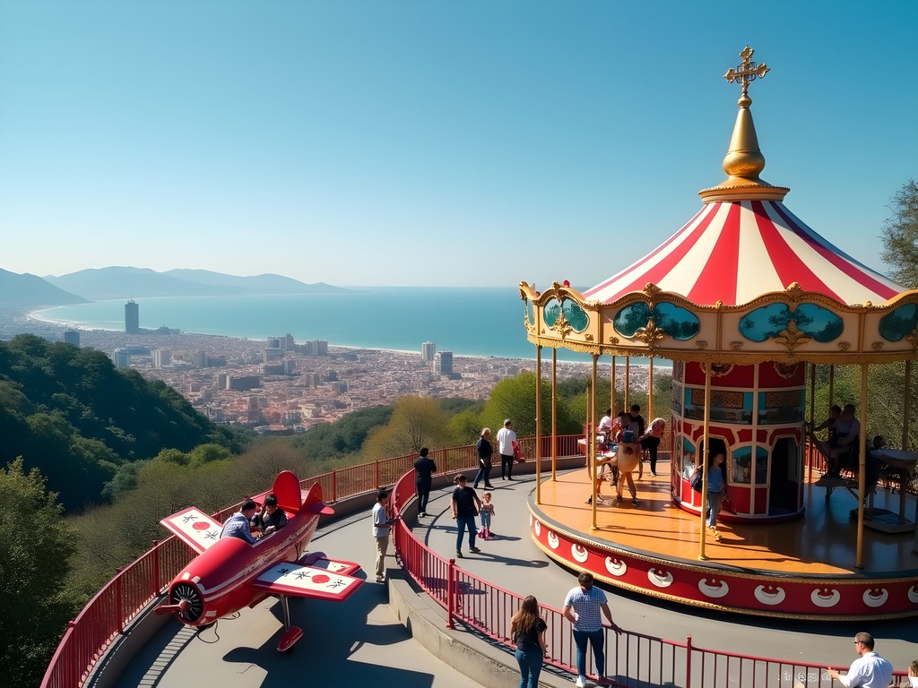 Vintage rides at Tibidabo Amusement Park with panoramic Barcelona view