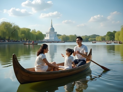 Family boating on Beihai Park lake with White Dagoba pagoda in background