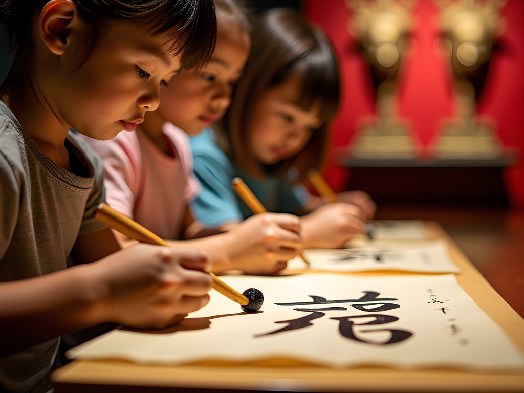 Children learning Chinese calligraphy at Beijing Capital Museum