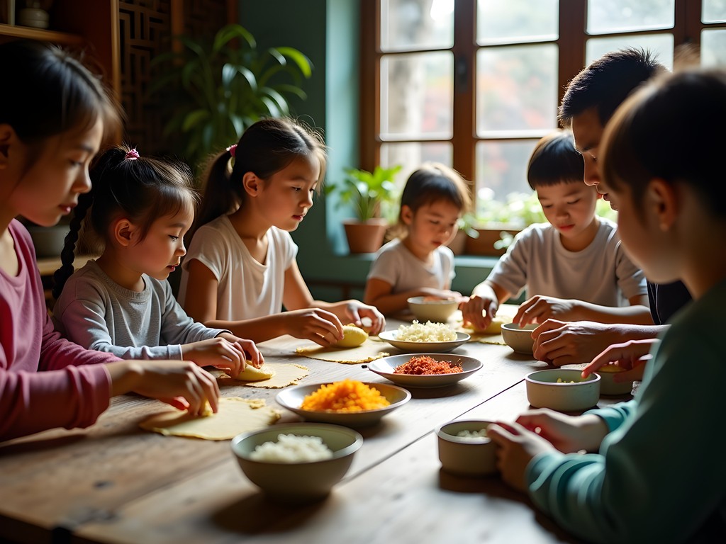 Family learning to make Chinese dumplings in Beijing cooking class