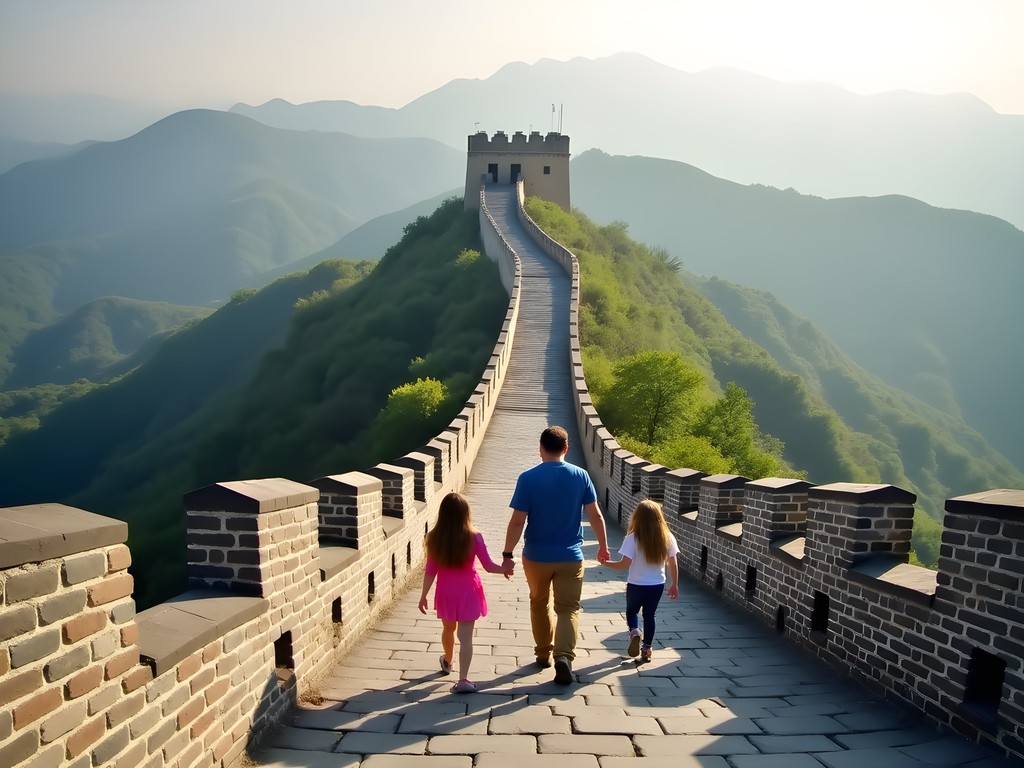 Family hiking along the Great Wall of China at Mutianyu section