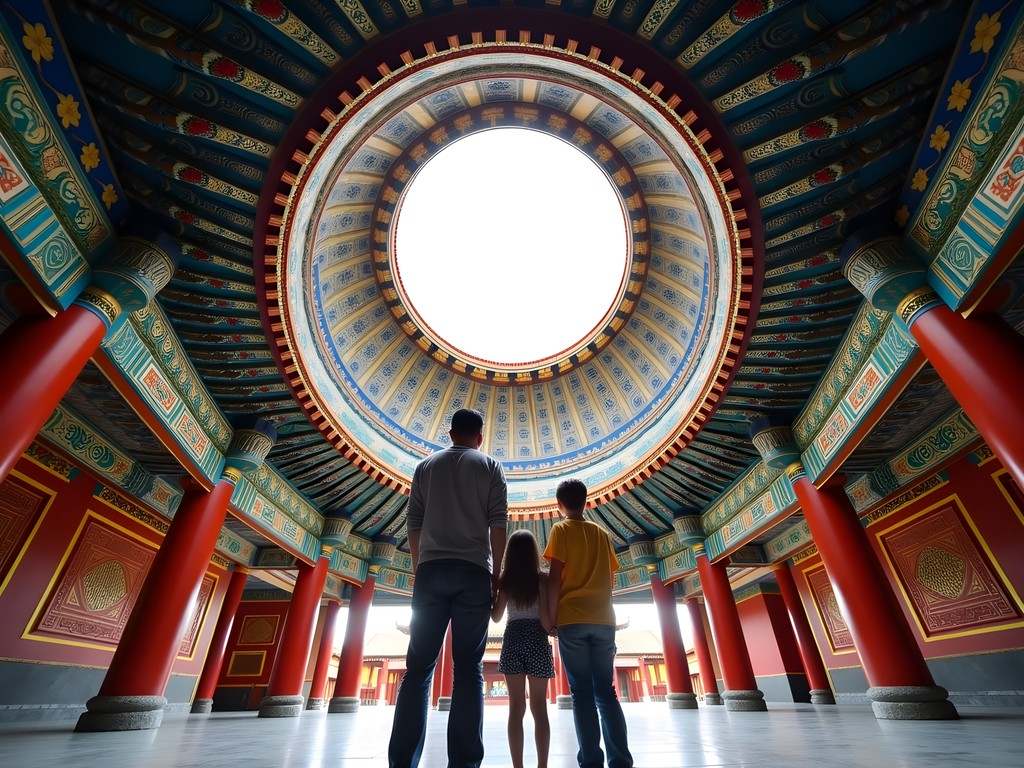 Family exploring sacred geometry patterns at Temple of Heaven in Beijing