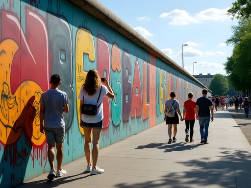 Mother and children walking along colorful murals at East Side Gallery Berlin Wall