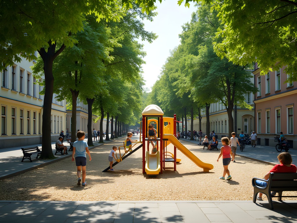 Family-friendly playground in Prenzlauer Berg Berlin neighborhood with children playing