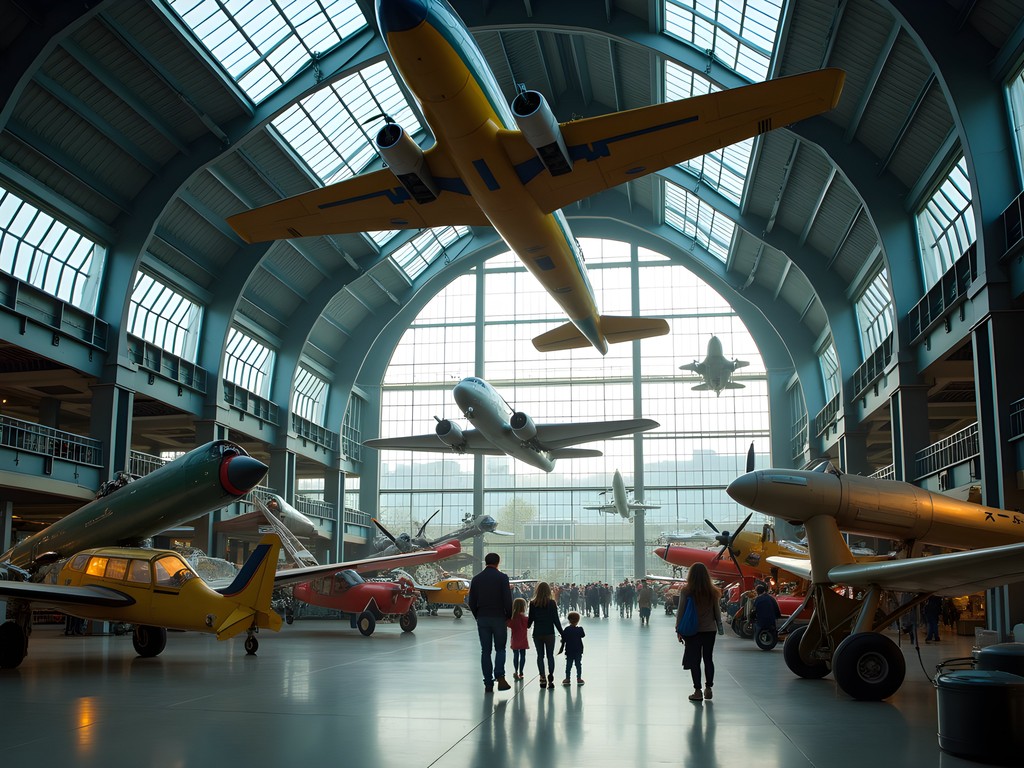 Historic aircraft displays hanging from ceiling at German Technology Museum Berlin