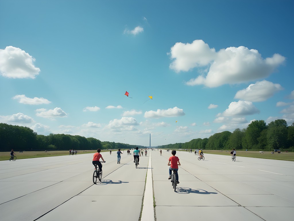 Families cycling on former airport runways at Tempelhofer Feld Berlin on sunny day