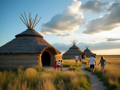 Reconstructed Mandan earth lodges at Fort Abraham Lincoln State Park with families exploring