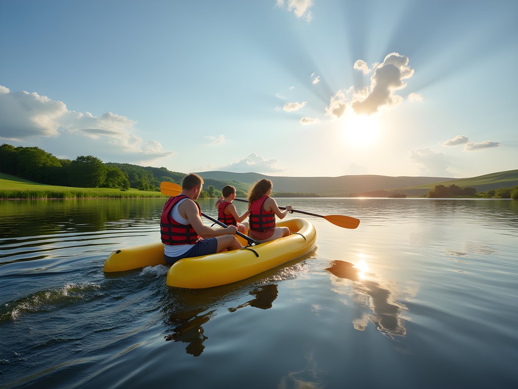 Family paddleboating on McDowell Dam with prairie landscape in background