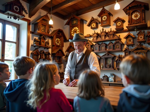 Traditional cuckoo clock shop in the Black Forest with children watching clock demonstrations