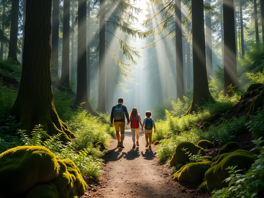Family hiking on a Black Forest trail with sunlight filtering through tall pine trees