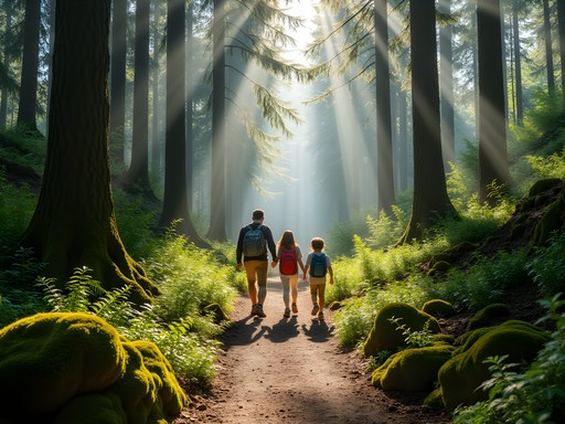 Family hiking on a Black Forest trail with sunlight filtering through tall pine trees