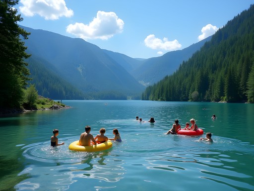 Family enjoying paddle boats and swimming at Lake Titisee in Germany's Black Forest