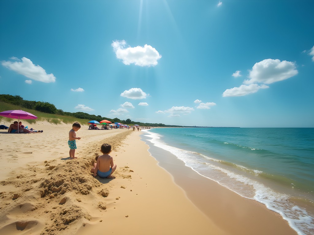 Family enjoying Crescent Beach on Block Island with children building sandcastles