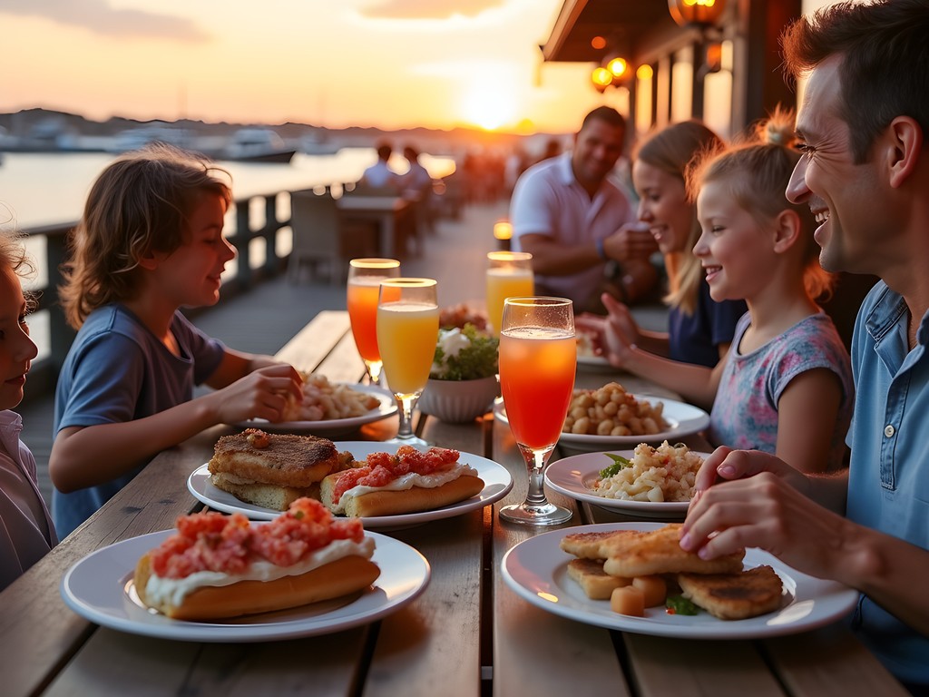 Family enjoying seafood dinner at waterfront restaurant on Block Island