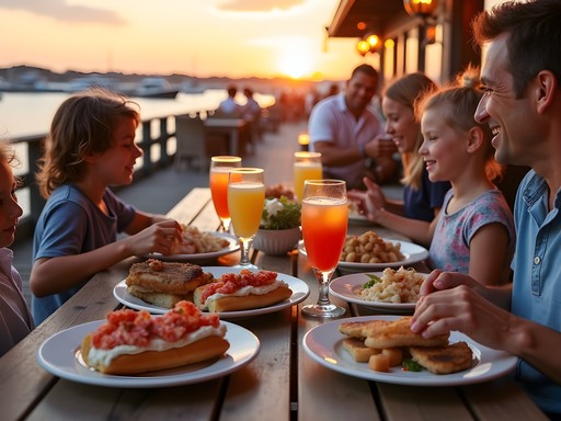 Family enjoying seafood dinner at waterfront restaurant on Block Island