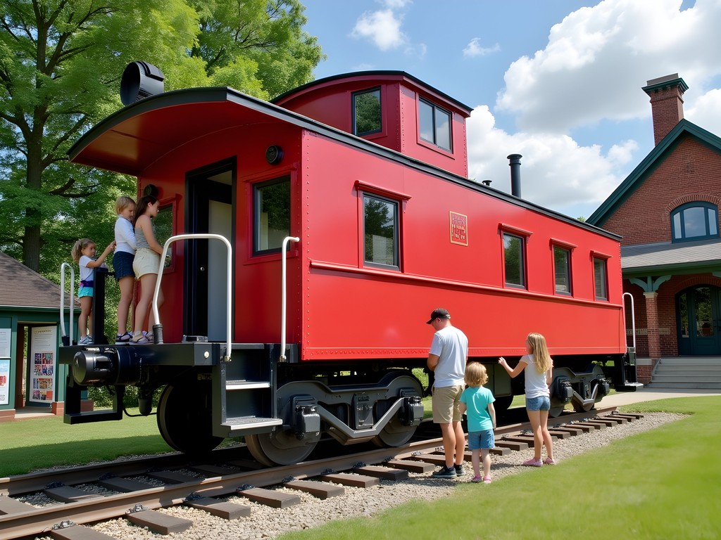 Vintage caboose at Bowie Railroad Museum with families exploring