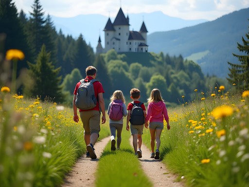 Family hiking on a gentle trail in the Carpathian foothills near Bran Castle