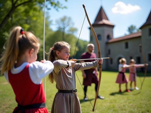 Children practicing medieval archery near Bran Castle