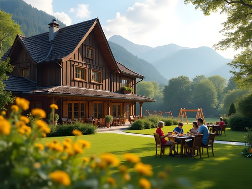 Family-friendly Romanian guesthouse garden with mountain views near Bran Castle