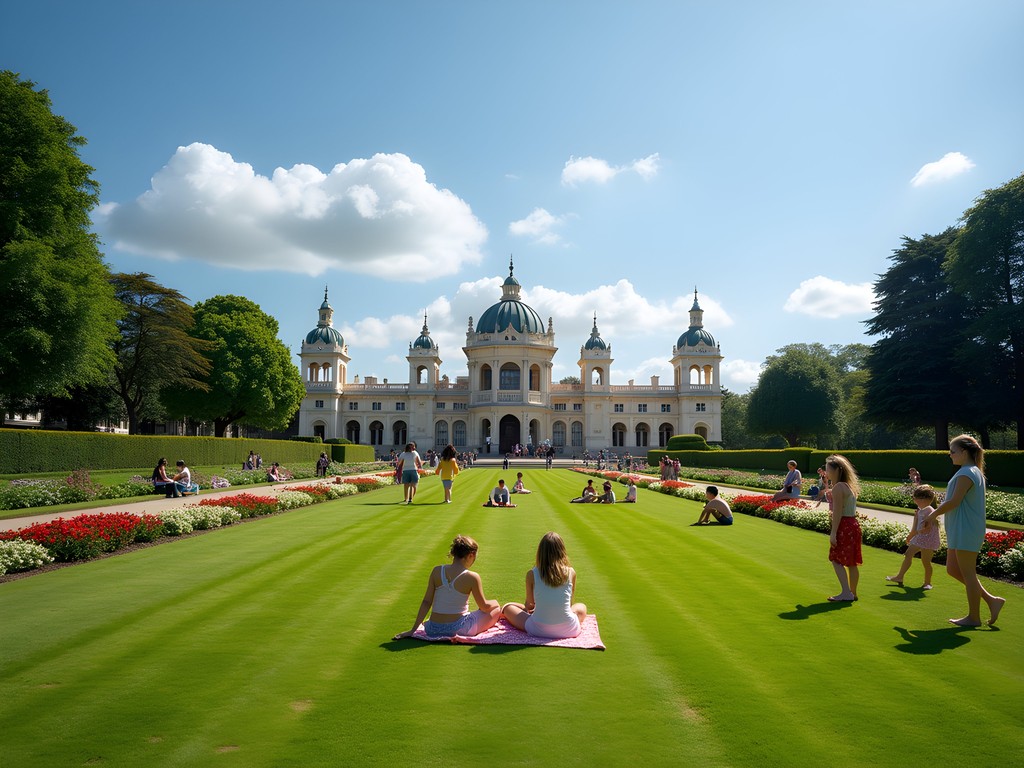 Children playing in the Royal Pavilion Gardens with the exotic palace in background