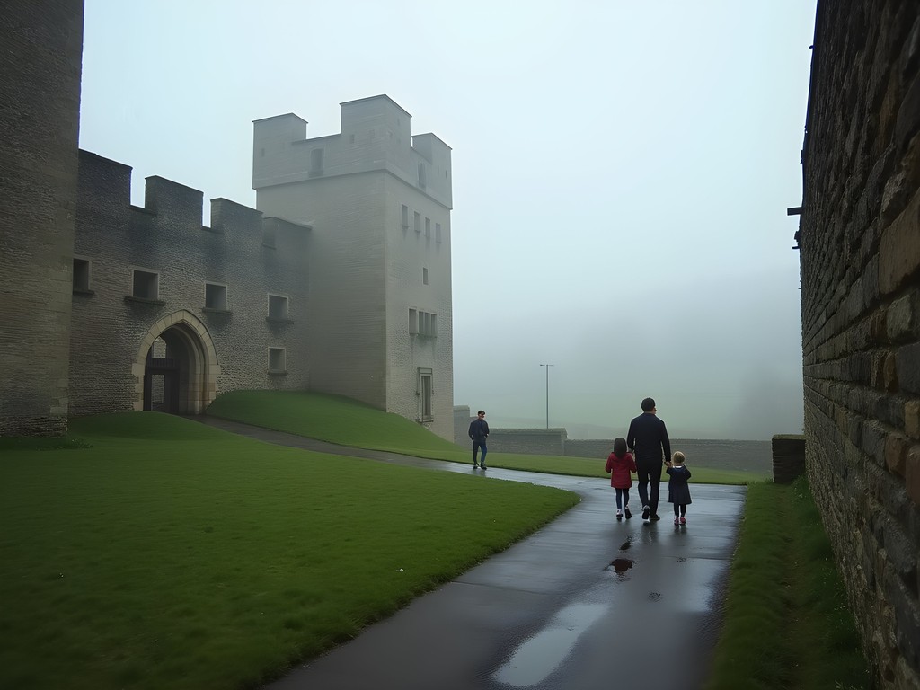 Family exploring the Norman keep of Lewes Castle on a misty day with views over the Sussex countryside