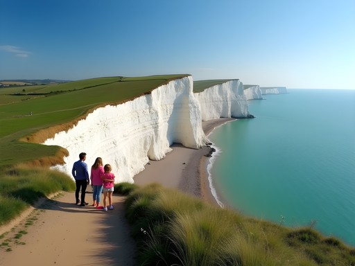 Family admiring the spectacular view of Seven Sisters white cliffs from Seaford Head viewpoint