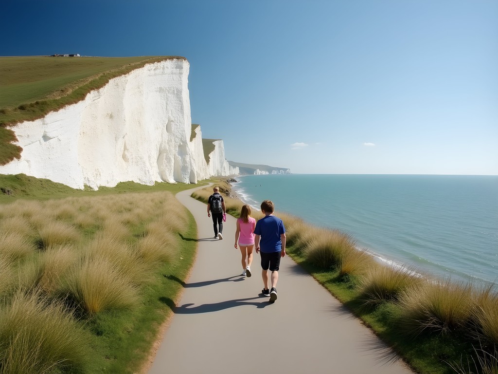 Family walking along the Undercliff path between Brighton and Rottingdean with white cliffs on one side and sea on the other