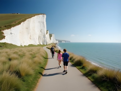 Family walking along the Undercliff path between Brighton and Rottingdean with white cliffs on one side and sea on the other